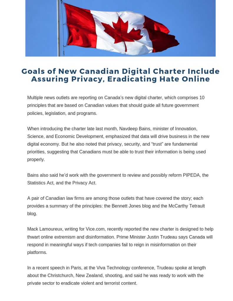Goals of New Canadian Digital Charter Include Assuring Privacy, Eradicating Hate Online